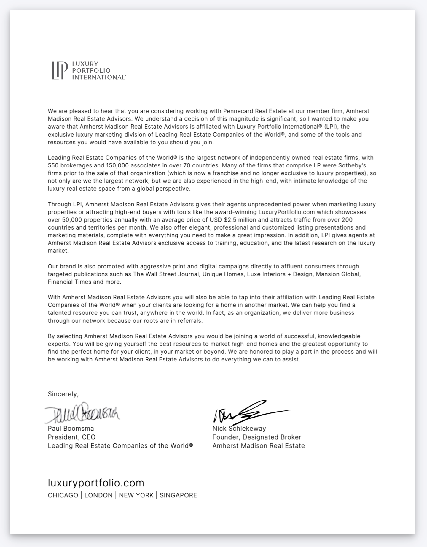 Luxury Portfolio International (LPI) Brochure + Agent-Branded Cover Letter